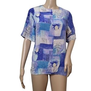 Annie Alexander Blue Purple Print Brush Strokes Pastels Silk Blouse